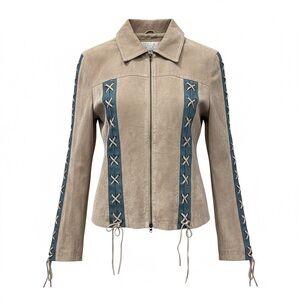 Wilsons Western Leather Beige Suede Jacket with Blue Accent Panels